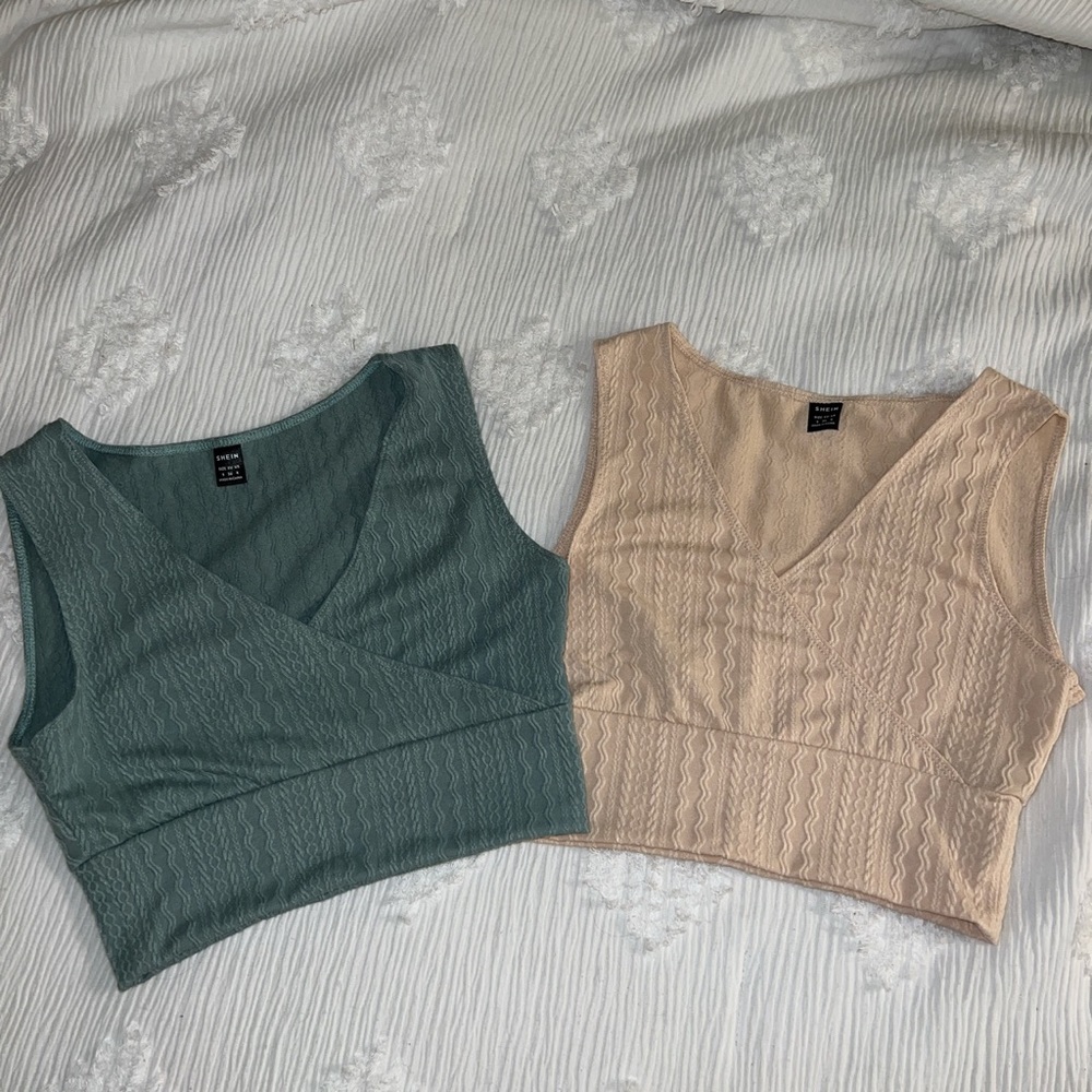 SET OF 2: light green and cream color SHEIN patterned crop tops